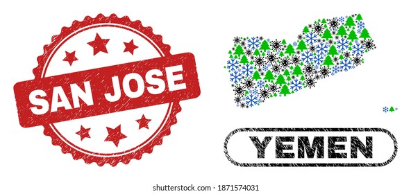 Vector Covid-2019 New Year mosaic Yemen map and San Jose textured stamp. San Jose imprint uses rosette shape and red color. Mosaic Yemen map is designed with random covid- 2019 virus, snowflake,