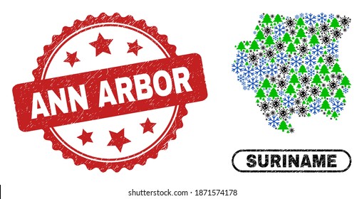 Vector Covid-2019 New Year mosaic Suriname map and Ann Arbor scratched stamp seal. Ann Arbor stamp seal uses rosette shape and red color. Collage Suriname map is done with random covid, frost,