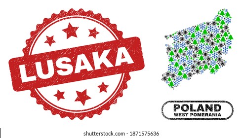 Vector Covid-2019 New Year mosaic West Pomeranian Voivodeship map and Lusaka corroded stamp seal. Lusaka watermark uses rosette shape and red color.