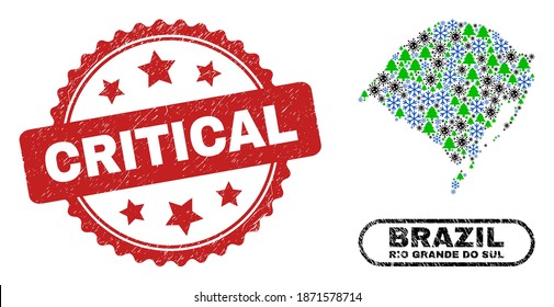 Mapa del estado del Vector Covid-2019, mosaico de Año Nuevo, Rio Grande do Sul y sello crítico corroído. La impresión crítica utiliza la forma de rosette y el color rojo.
