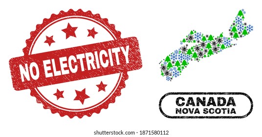 Vector Covid-2019 New Year mosaic Nova Scotia Province map and No Electricity corroded stamp. No Electricity stamp seal uses rosette shape and red color.