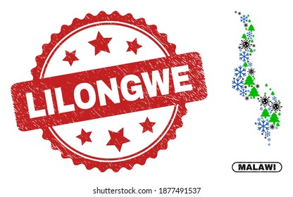 Vector Covid-2019 New Year mosaic Malawi map and Lilongwe textured watermark. Lilongwe stamp seal uses rosette shape and red color. Mosaic Malawi map is created with random Covid-2019, snow,