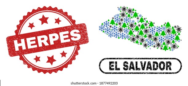 Vector Covid-2019 New Year mosaic El Salvador map and Herpes dirty stamp seal. Herpes seal uses rosette shape and red color. Mosaic El Salvador map is made with randomized Covid, snow flake,