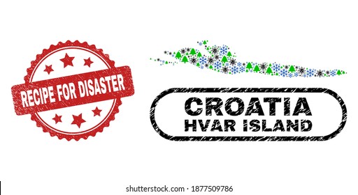 Vector Covid-2019 New Year mosaic Hvar Island map and Recipe for Disaster rubber stamp imitation. Recipe for Disaster imprint uses rosette shape and red color.