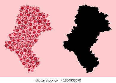 Vector Covid-2019 virus mosaic and solid map of Silesia Province. Map of Silesia Province vector mosaic for quarantine campaigns and posters. Map of Silesia Province is designed from red virus ojects.