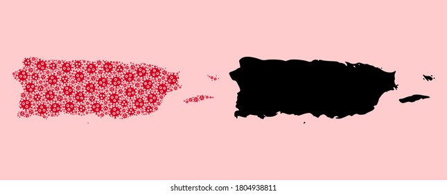 Vector Covid-2019 virus mosaic and solid map of Puerto Rico. Map of Puerto Rico vector mosaic for geographic campaigns and agitprop. Map of Puerto Rico is created with red virus particles.