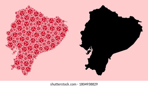 Vector Covid-2019 virus mosaic and solid map of Ecuador. Map of Ecuador vector mosaic for clinic campaigns and agitprop. Map of Ecuador is composed from red covid-2019 parts.
