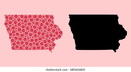 Vector Covid-2019 virus mosaic and solid map of Iowa State. Map of Iowa State vector mosaic for outbreak campaigns and posters. Map of Iowa State is designed with red covid-2019 parts.