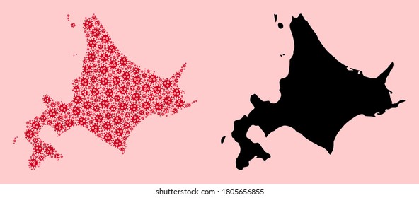 Vector Covid-2019 virus mosaic and solid map of Hokkaido Island. Map of Hokkaido Island vector mosaic for medicine campaigns and agitation. Map of Hokkaido Island is created from red covid-2019 icons.