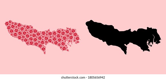 Vector Covid-2019 virus mosaic and solid map of Tokyo Prefecture. Map of Tokyo Prefecture vector mosaic for lockdown campaigns and projects.