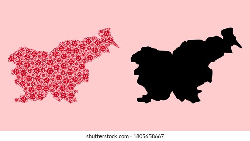 Vector Covid-2019 virus mosaic and solid map of Slovenia. Map of Slovenia vector mosaic for medicine campaigns and purposes. Map of Slovenia is formed with red infection virus items.
