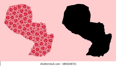 Vector Covid-2019 virus mosaic and solid map of Paraguay. Map of Paraguay vector mosaic for quarantine campaigns and posters. Map of Paraguay is composed from red virus items.