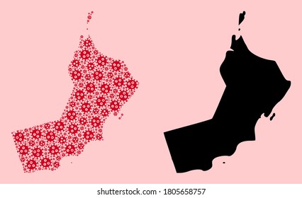 Vector Covid-2019 virus mosaic and solid map of Oman. Map of Oman vector mosaic for doctor campaigns and agitation. Map of Oman is composed from red pandemic virus particles.