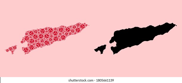 Vector Covid-2019 virus mosaic and solid map of East Timor. Map of East Timor vector mosaic for clinic campaigns and purposes. Map of East Timor is created from red infection virus particles.