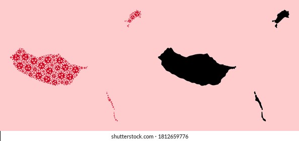 Vector Covid-2019 virus mosaic and solid map of Madeira Islands. Map of Madeira Islands vector mosaic for quarantine campaigns and applications.