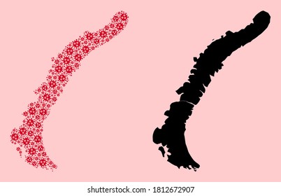 Vector Covid-2019 virus mosaic and solid map of Novaya Zemlya Islands. Map of Novaya Zemlya Islands vector mosaic for isolation campaigns and propaganda.
