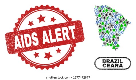 Mapa de Ceara del collage de invierno del Vector Covid-2019 y imitación del sello sucio de la alerta de SIDA. El sello de alerta de SIDA usa forma de rosette y color rojo. Collage Ceara State map se ha hecho de virus de la gripe dispersos,