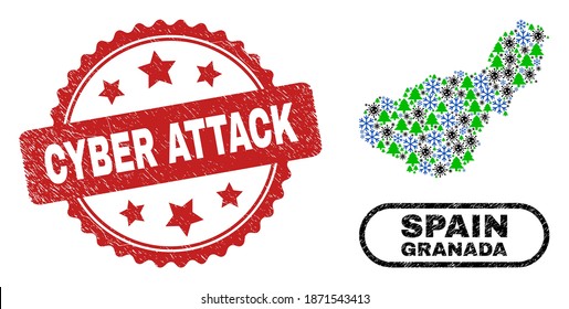 Vector Covid-2019 winter collage Granada Province map and Cyber Attack grunge stamp seal. Cyber Attack stamp seal uses rosette shape and red color.