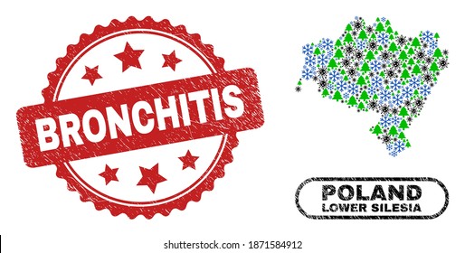 Vector Covid-2019 winter collage Lower Silesian Voivodeship map and Bronchitis corroded stamp. Bronchitis stamp seal uses rosette shape and red color.