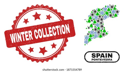 Vector Covid-2019 winter collage Pontevedra Province map and Winter Collection scratched stamp print. Winter Collection seal uses rosette shape and red color.