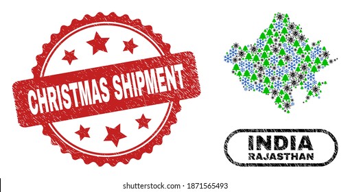 Vector Covid-2019 winter collage Rajasthan State map and Christmas Shipment rubber watermark. Christmas Shipment seal uses rosette shape and red color.