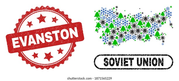 Vector Covid-2019 winter collage Soviet Union map and Evanston dirty stamp seal. Evanston stamp uses rosette shape and red color. Collage Soviet Union map is made of scattered virus, snow,