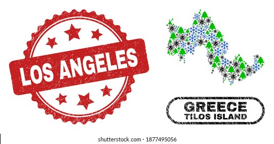 Vector Covid-2019 winter collage Tilos Island map and Los Angeles grunge seal. Los Angeles seal uses rosette shape and red color. Mosaic Tilos Island map is designed with scattered covid- 2019 virus,