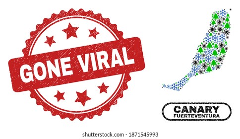 Vector Covid-2019 winter combination Fuerteventura Island map and Gone Viral rubber watermark. Gone Viral stamp seal uses rosette shape and red color.