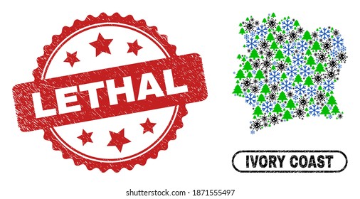 Vector Covid-2019 winter combination Ivory Coast map and Lethal textured stamp print. Lethal stamp seal uses rosette shape and red color.