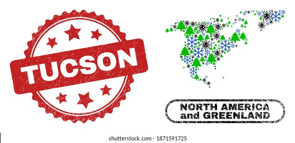 Vector Covid-2019 winter combination North America and Greenland map and Tucson rubber stamp imitation. Tucson stamp seal uses rosette shape and red color.