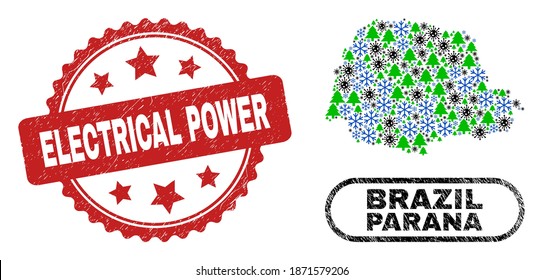 Vector Covid-2019 combinado mapa de estado de Paraná y sello texturizado de energía eléctrica. El sello eléctrico de sellado de sellado de sellos de alimentación utiliza la forma de rosette y el color rojo.