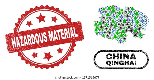 Vector Covid-2019 winter combination Qinghai Province map and Hazardous Material unclean stamp imitation. Hazardous Material stamp uses rosette shape and red color.
