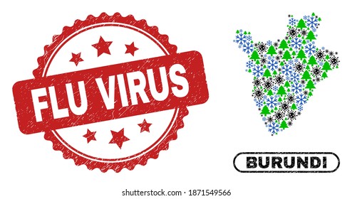 Mapa de Burundi de la composición invernal del vector Covid-2019 y sello de la estampilla del virus de la gripe. El sello del Virus de la Gripe usa forma de rosette y color rojo. Collage Burundi map es creado con virus al azar, copo de nieve,