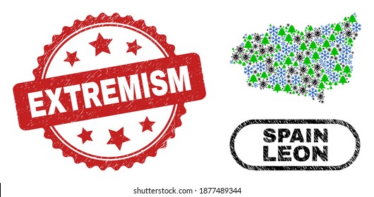 Vektor Covid-2019 Winter Mosaik Leon Provinz Karte und Extremismus unlean Stempel Siegel. Extremismus-Stempelsiegel verwendet Rosette-Form und rote Farbe. Die Landkarte der Provinz Collage Leon besteht aus dem Zufallszufall Covid-2019,
