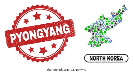 Vector Covid-2019 winter mosaic North Korea map and Pyongyang scratched stamp imitation. Pyongyang stamp uses rosette shape and red color. Collage North Korea map is formed with scattered Covid,