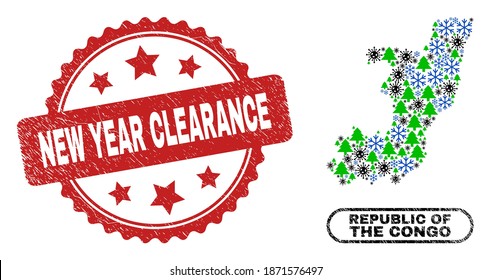 Vector Covid-2019 winter mosaic Republic of the Congo map and New Year Clearance rubber stamp imitation. New Year Clearance seal uses rosette shape and red color.