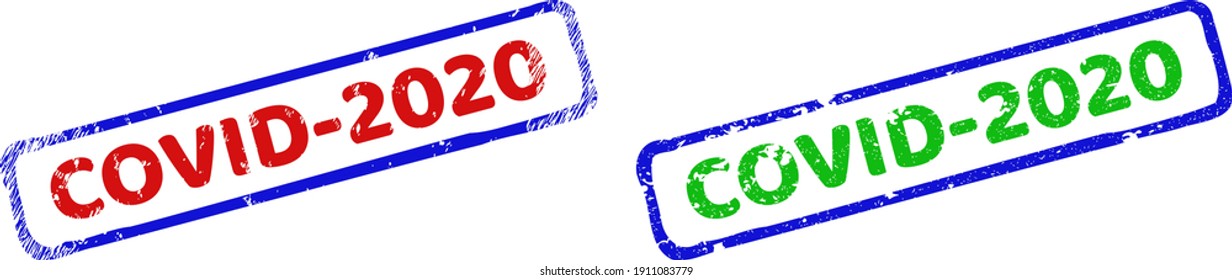 Vector COVID-2020 framed watermarks with grunge style. Rough bicolor rectangle watermarks. Red, blue, green colors used. Flat scratched seal stamps with COVID-2020 text inside rough rectangle frame.