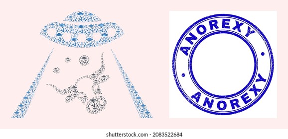 Vector cow abduction icon composition is designed from scattered recursive cow abduction elements. Anorexy scratched blue round stamp. Recursive collage from cow abduction icon.