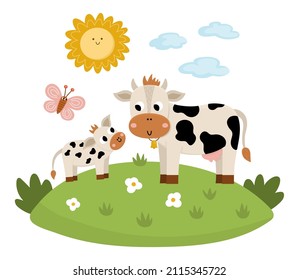 Vector cow with baby on a lawn under the sun. Cute cartoon family scene illustration for kids. Farm animals on natural background. Colorful flat mother and baby picture for children
