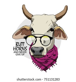 Vector cow with black glasses and scarf. Hand drawn illustration of dressed cow.