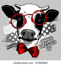 蝶結びと眼鏡をかけたベクター牛。ドレスを着た牛の手描きのイラスト。