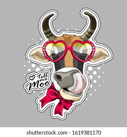 Vector cow with bow and glasses. Tongue out. Print on T-shirts, bags and other fashion products. Design children's clothing and accessories. Applique, patch.