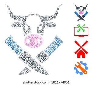 Vector cow butchery mosaic is made of randomized recursive cow butchery items. Recursive combination of cow butchery. Some other icons are present in this vector.