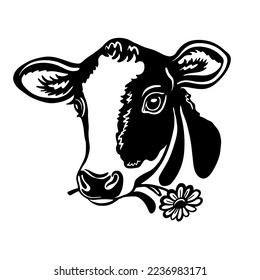 Cabeza de ternera de vaca vectorial con diseño de flor de camomila, diseño de logotipo, Animales de granja, pintura en blanco y negro, Animales de línea sobre fondo blanco 