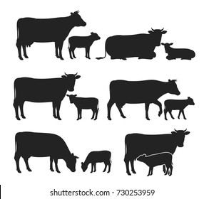 Vector cow and calf silhouettes isolated on white