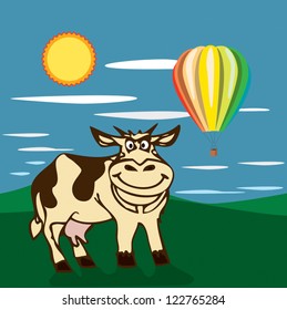 Vector cow in the field with hot balloon.