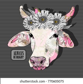 Vector cow with flower. Hand drawn illustration of cow. 3