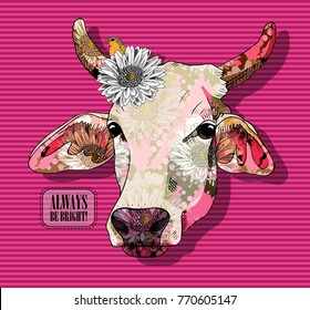 Vector cow with flower. Hand drawn illustration of cow. 1