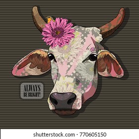 Vector cow with flower. Hand drawn illustration of cow. 3