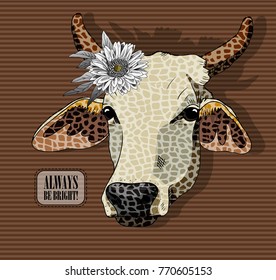 Vector cow with flower. Hand drawn illustration of cow. 2